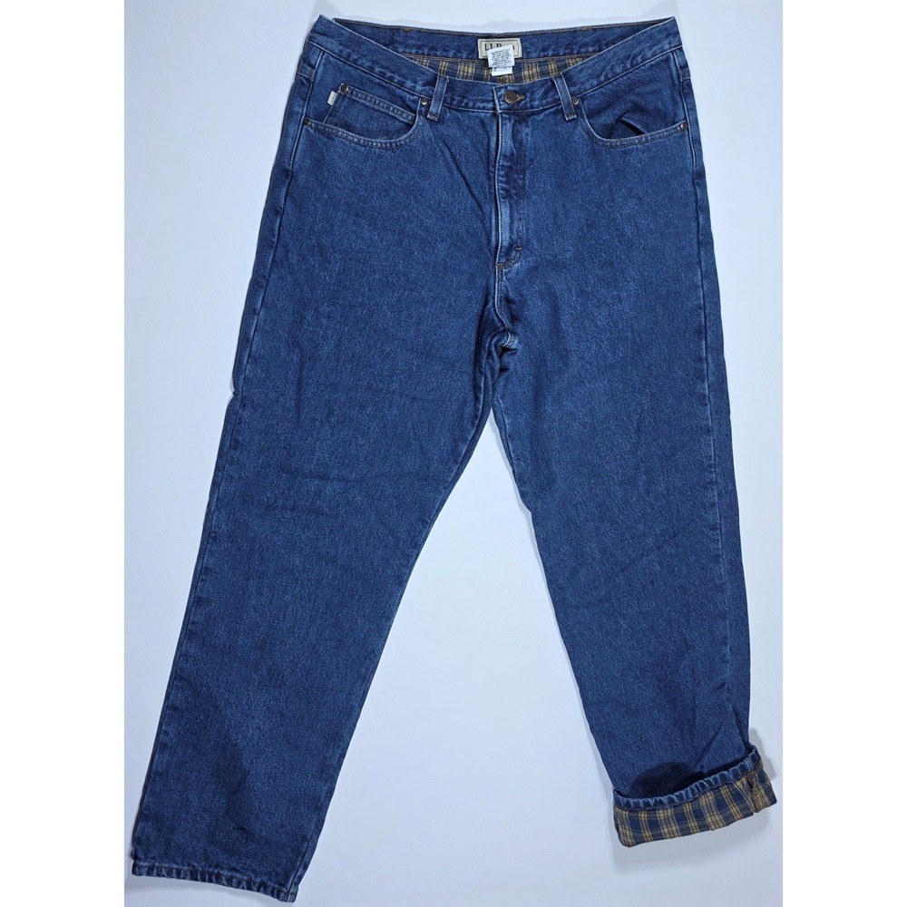 LL Bean Flannel Lined Jeans Men's 38x32 Classic Fit Blue Denim Plaid